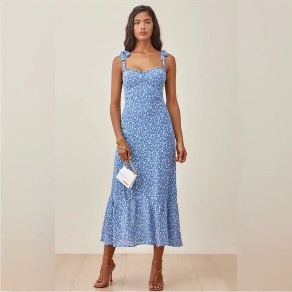 REFORMATION NIKITA dress marie blue white floral ruffle tie shoulder midi 4